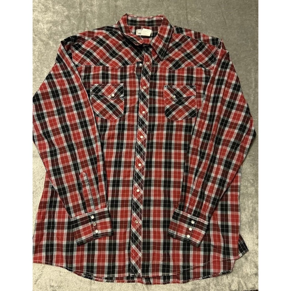 Wrangler Wrancher Mens 2XT Red Black Plaid Western Pearl Snap Shirt MTW41299